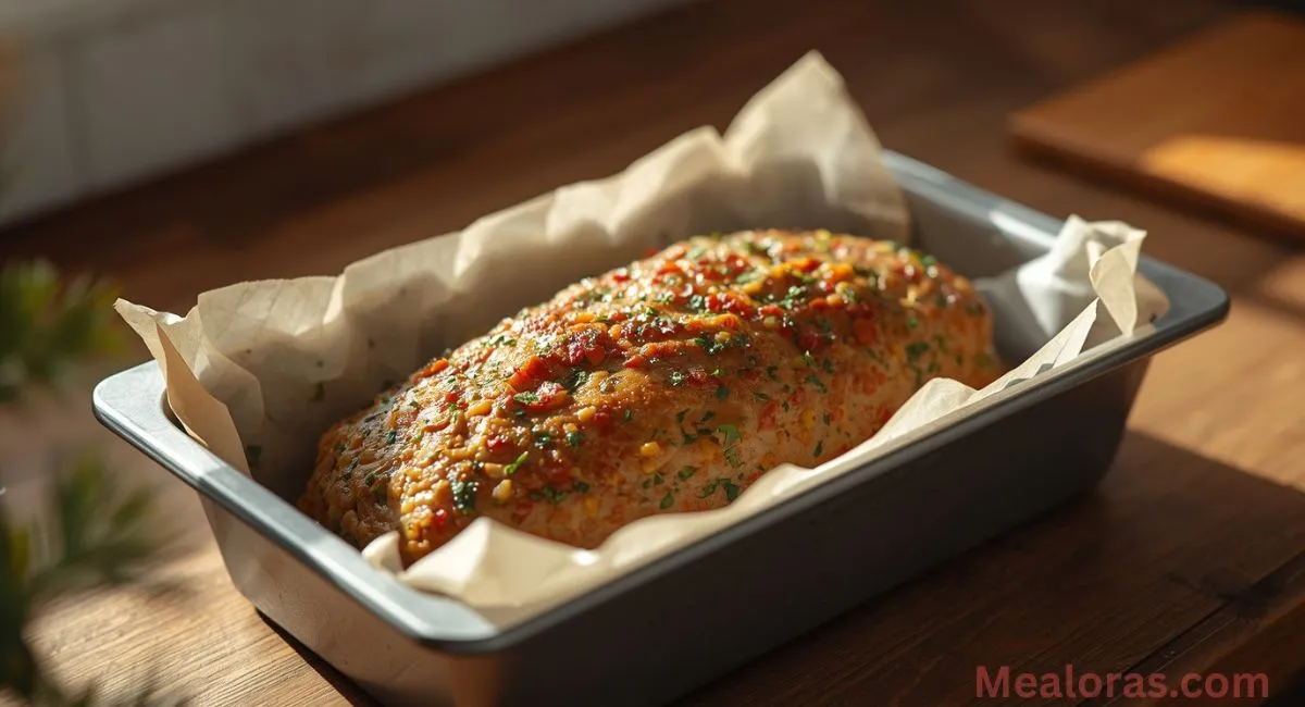 Shaping garlic Parmesan chicken meatloaf into a loaf on a baking sheet before baking
