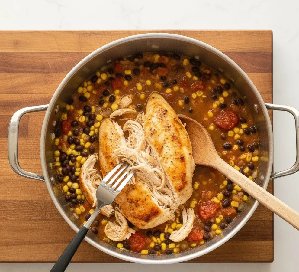 Shredding cooked chicken and adding it back to the soup