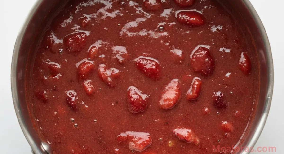 Strawberry sauce simmering in a saucepan, thickening to a glossy consistency, ready to cool
