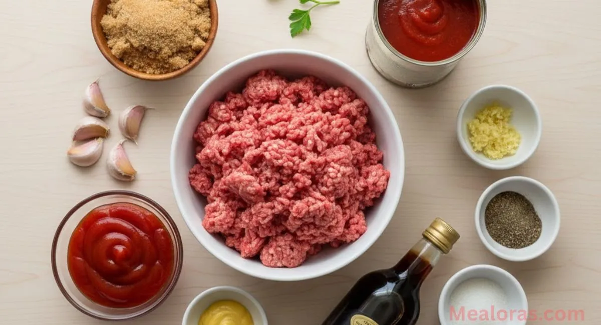 Ingredients for sloppy joe sauce including ground beef, tomato sauce, ketchup, mustard, and seasonings