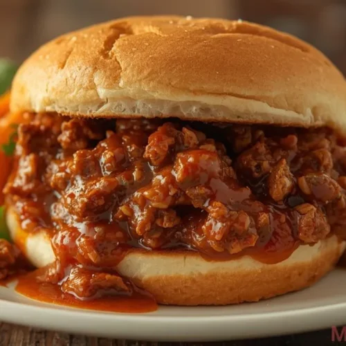 Sloppy joe sauce simmering with ground beef in a skillet, thick and rich in texture