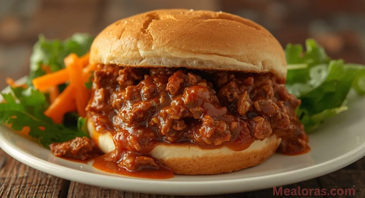 Sloppy joe sauce simmering with ground beef in a skillet, thick and rich in texture