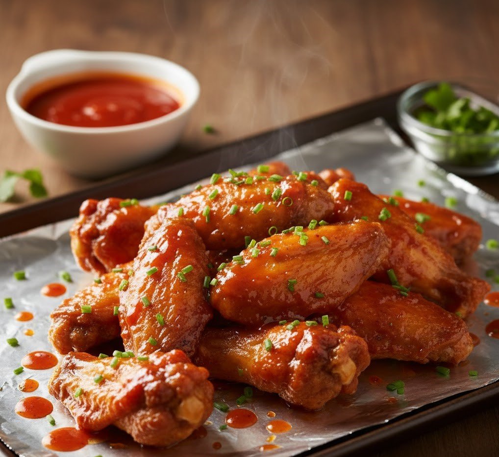 Crispy buffalo chicken wings coated in spicy sauce and garnished with fresh herbs