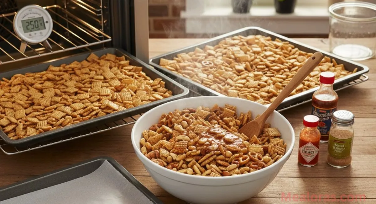 Coating, baking, and cooling Spicy Chex Mix to achieve a crispy and evenly seasoned texture