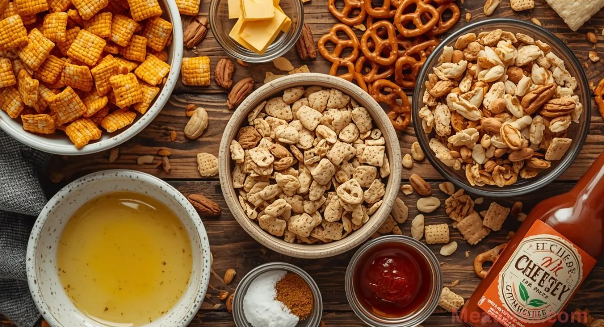 Ingredients for spicy Chex Mix: corn Chex, rice Chex, wheat Chex, pretzels, nuts, cheese crackers, butter, hot sauce, and spices
