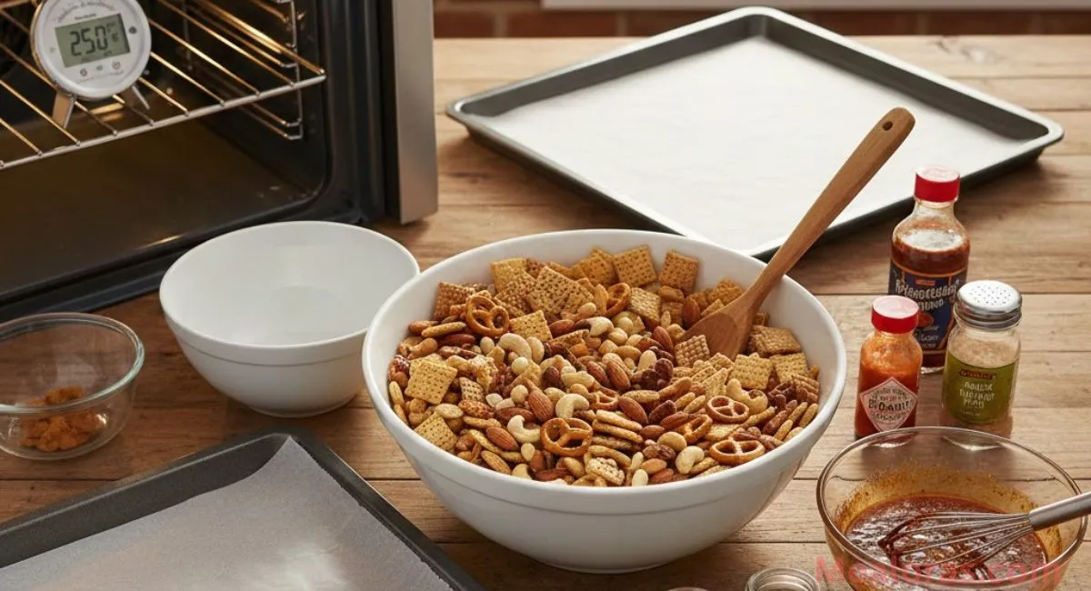 Preparing Spicy Chex Mix by preheating the oven, mixing dry ingredients, and whisking the spicy butter coating