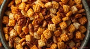 Spicy Chex Mix in a large bowl with mixed cereals, nuts, and pretzels