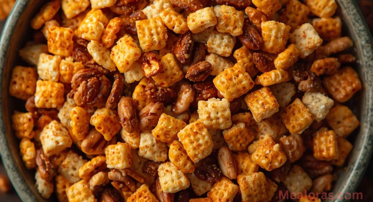 Spicy Chex Mix in a large bowl with mixed cereals, nuts, and pretzels