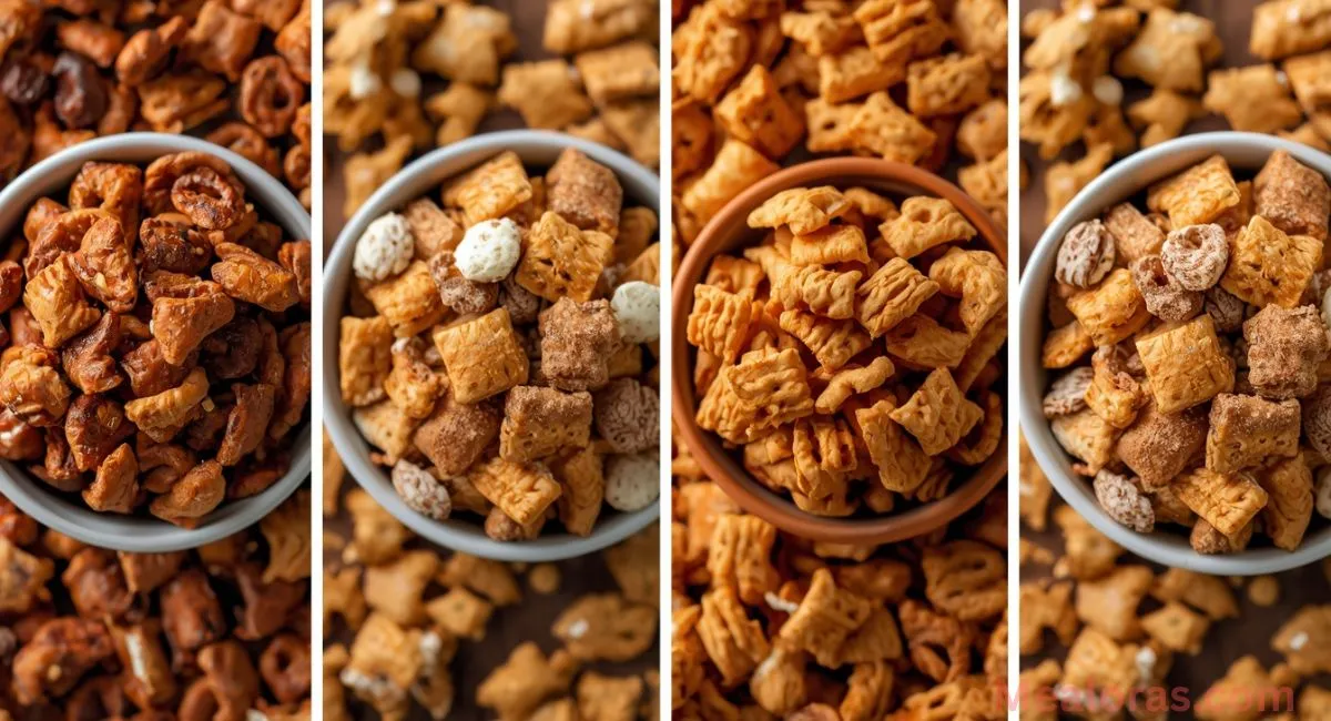 Four variations of Spicy Chex Mix including savory, sweet and spicy, extra crunchy, and allergen-friendly versions