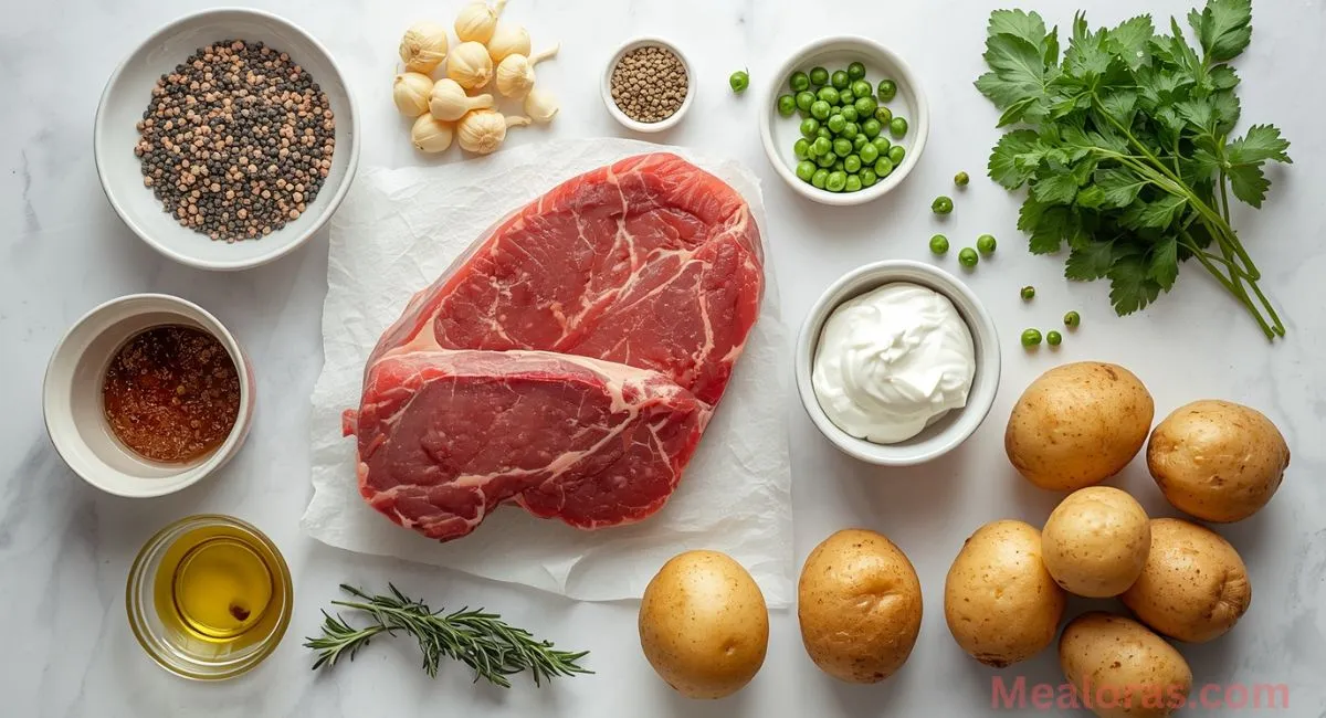 Ingredients for steak with peppercorn sauce: tenderloin filets, peppercorns, shallots, demi-glace, potatoes, olive oil, and cream