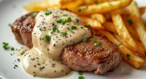 Tenderloin filets plated with creamy peppercorn sauce and crispy French fries, garnished with parsley and chives