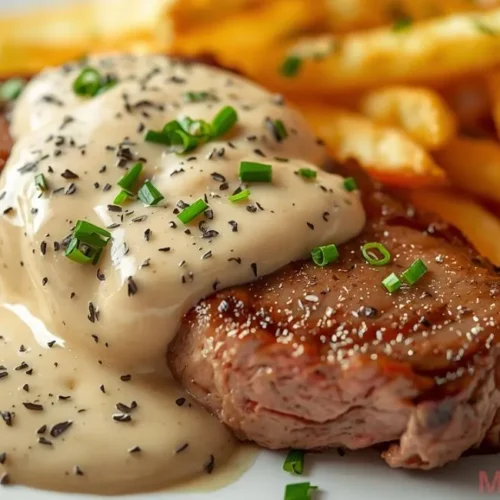 Tenderloin filets plated with creamy peppercorn sauce and crispy French fries, garnished with parsley and chives