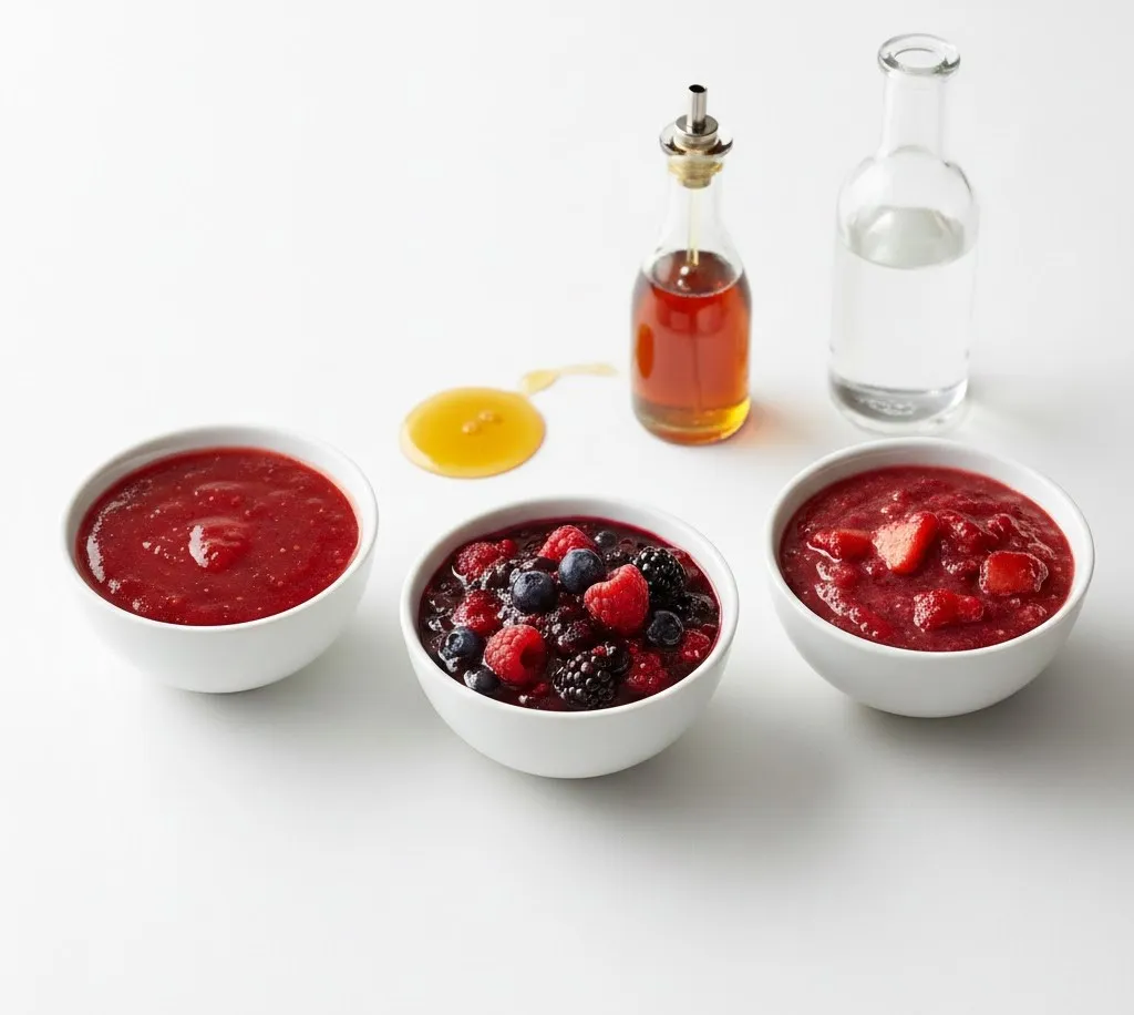 Strawberry sauce variations with mixed berries, natural sweeteners, and different textures shown side by side