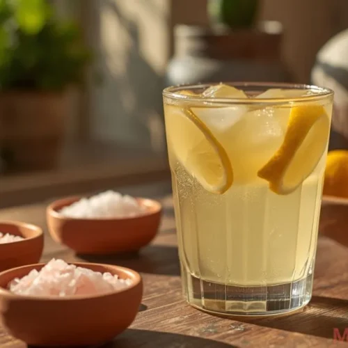 Refreshing sugar-free electrolyte drink in a glass with lemon slices and ice, highlighting healthy hydration