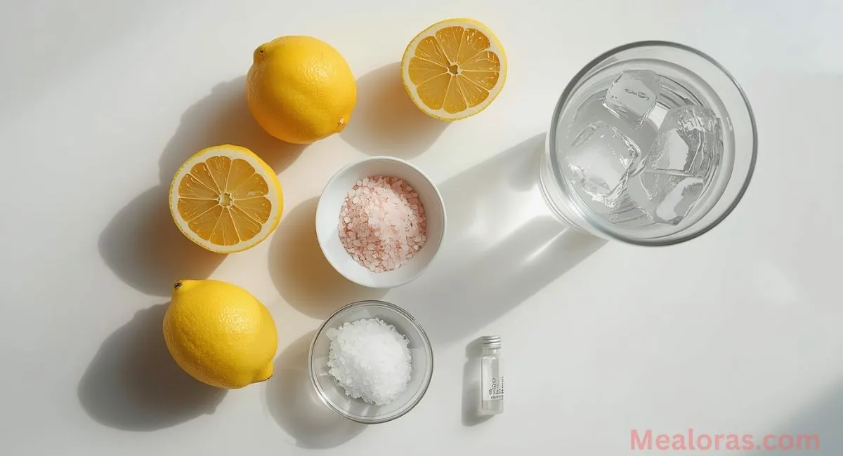 ingredients for homemade sugar-free electrolyte drinks, including lemon, coconut water, pink salt, and stevia