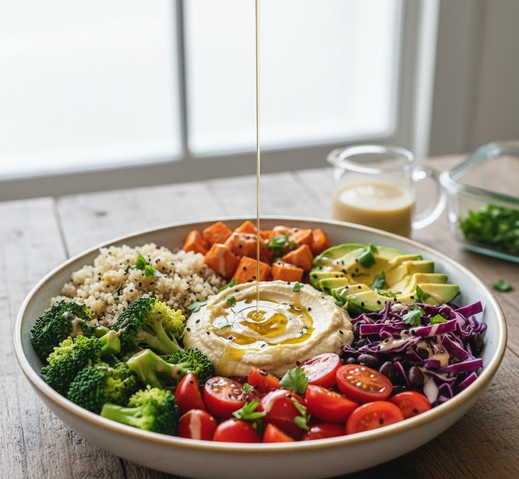 vegan Buddha bowl with quinoa, roasted chickpeas, sweet potatoes, vegetables, and creamy tahini dressing