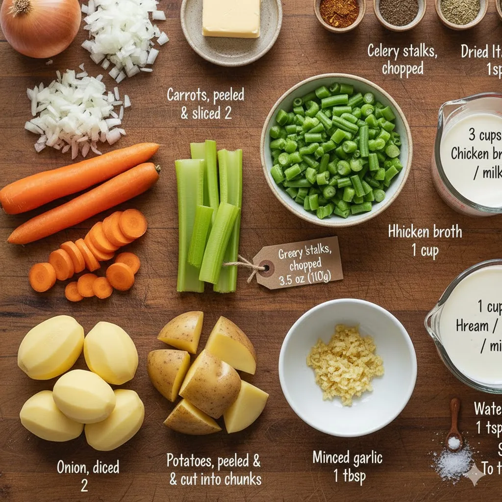 Fresh ingredients for Czech Vomacka soup including potatoes, carrots, celery, green beans, onion, garlic, butter, and cream on a wooden table