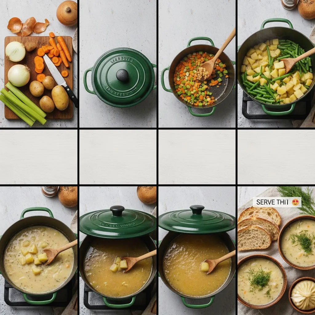 Step-by-step preparation of Czech Vomacka soup showing diced vegetables, sautéing, simmering, and adding cream in a rustic pot