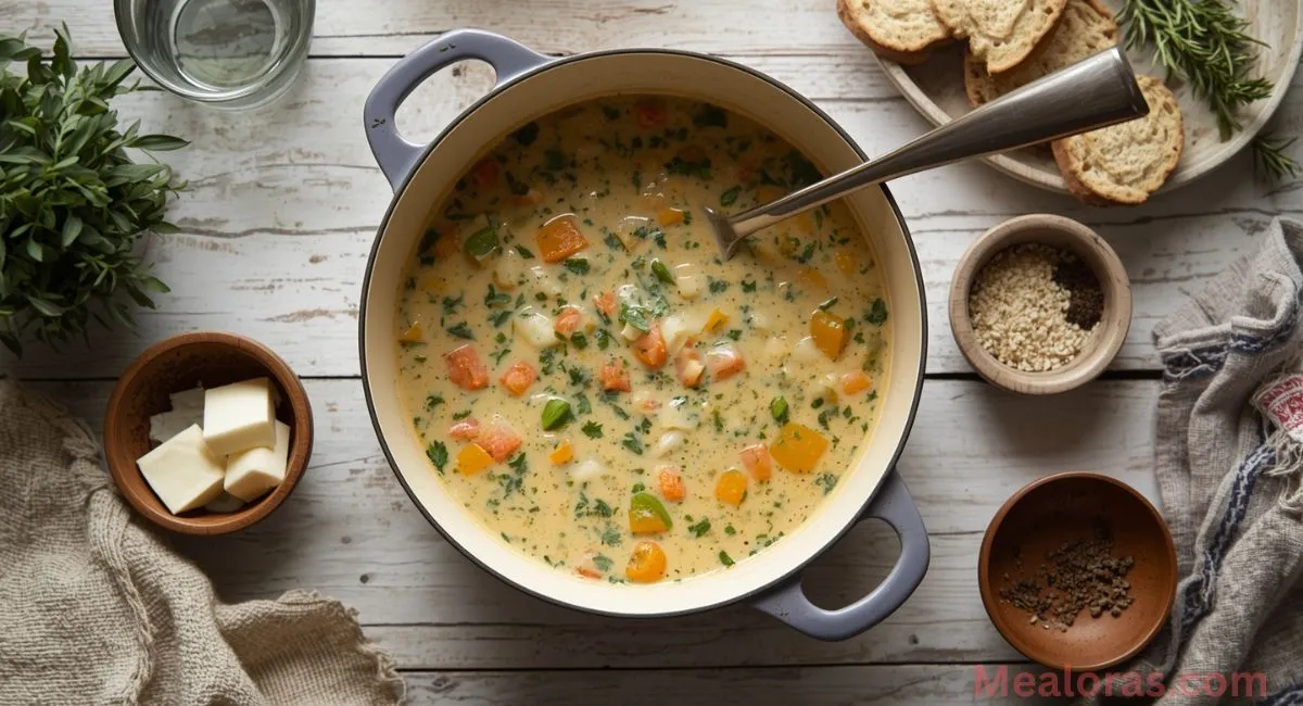 Rustic pot of creamy Czech Vomacka soup with small bowls of cream, herbs, and broth for troubleshooting thickness, flavor, and seasoning adjustments on a wooden table