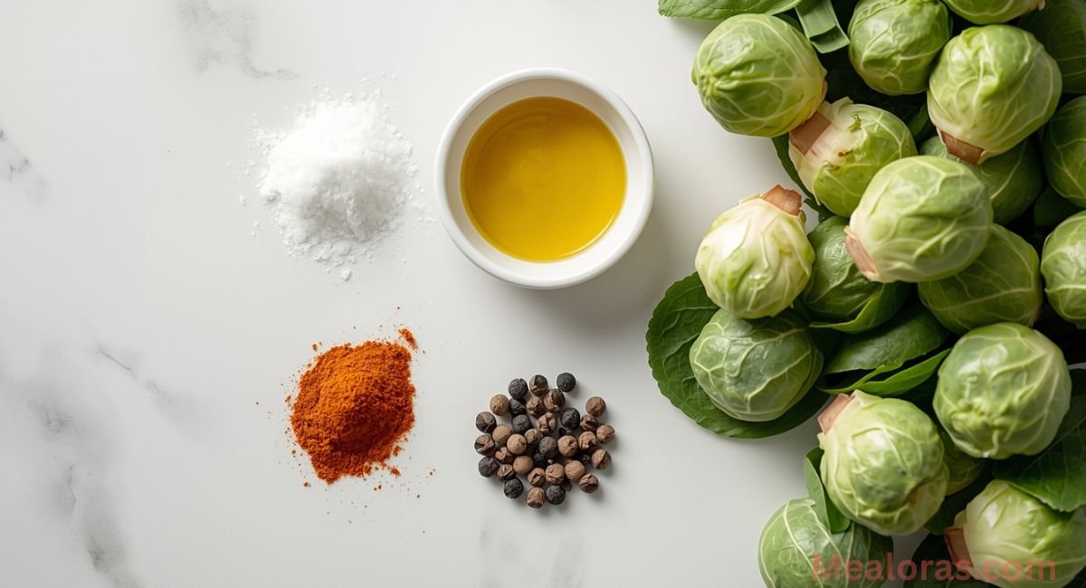 Brussels sprouts, olive oil, garlic powder, paprika, and black pepper ready for roasting