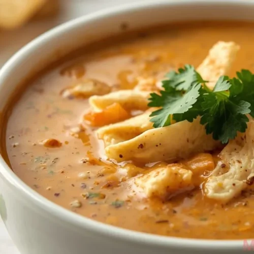 Bowl of Yard House Chicken Tortilla Soup with crispy tortilla strips, avocado, cheese, and fresh cilantro