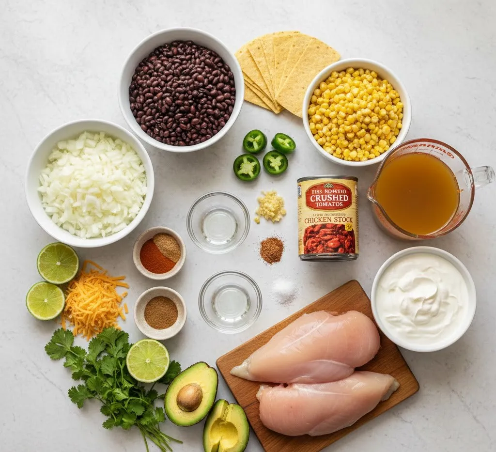 Ingredients for Yard House Chicken Tortilla Soup laid out on a cutting board