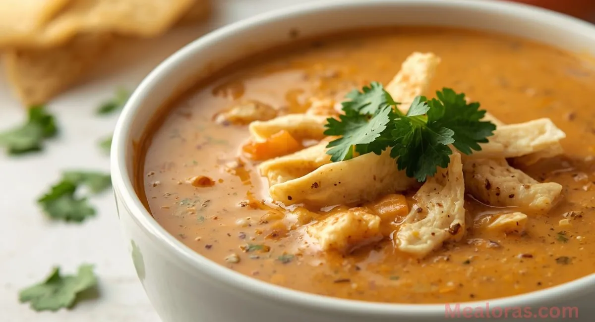Bowl of Yard House Chicken Tortilla Soup with crispy tortilla strips, avocado, cheese, and fresh cilantro