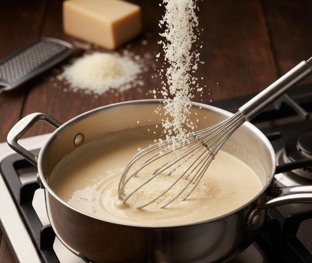 Whisking freshly grated Parmesan cheese into a creamy white sauce