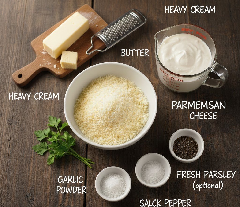 Ingredients for Alfredo sauce including heavy cream, butter, Parmesan cheese, and garlic powder on a kitchen counter