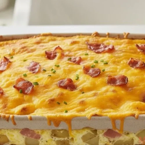 A golden-brown bacon, potato, and egg breakfast casserole in a ceramic baking dish, topped with melted cheese and fresh chives