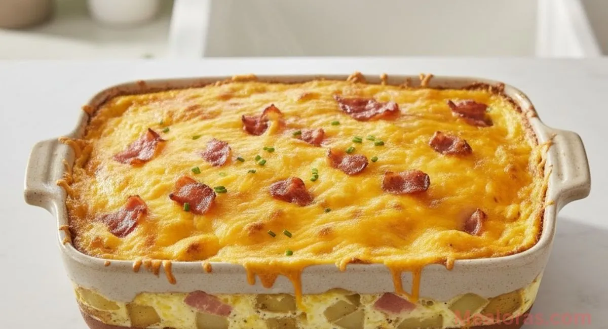 A golden-brown bacon, potato, and egg breakfast casserole in a ceramic baking dish, topped with melted cheese and fresh chives