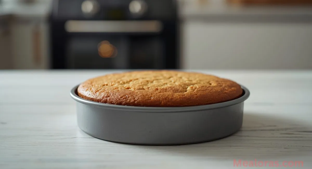 French Butter Cake baking in a 9-inch round pan with golden crust