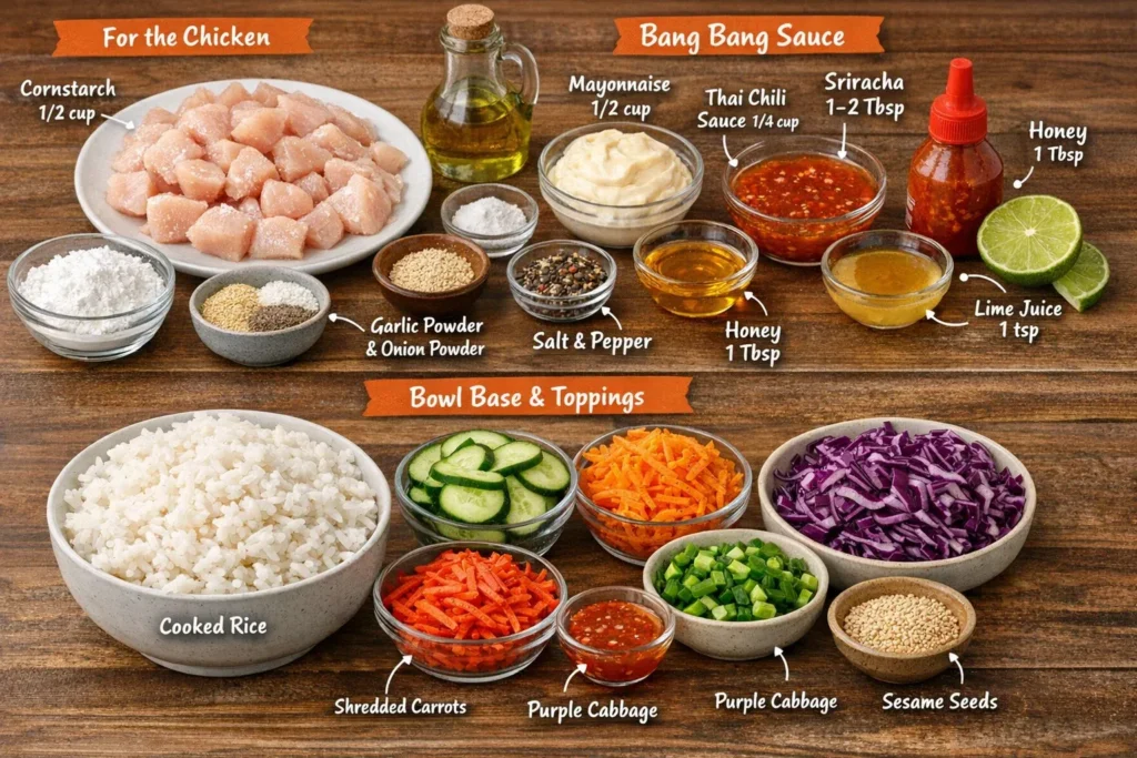ingredients for Bang Bang Chicken including raw chicken breast, cornstarch, sweet chili sauce, sriracha, and colorful vegetables