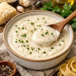 Alfredo sauce tossed with fettuccine pasta and topped with fresh parsley.