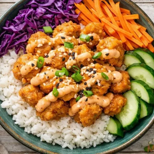 Bang Bang Chicken Bowl with crispy glazed chicken, jasmine rice, purple cabbage, and sliced cucumbers topped with sesame seeds