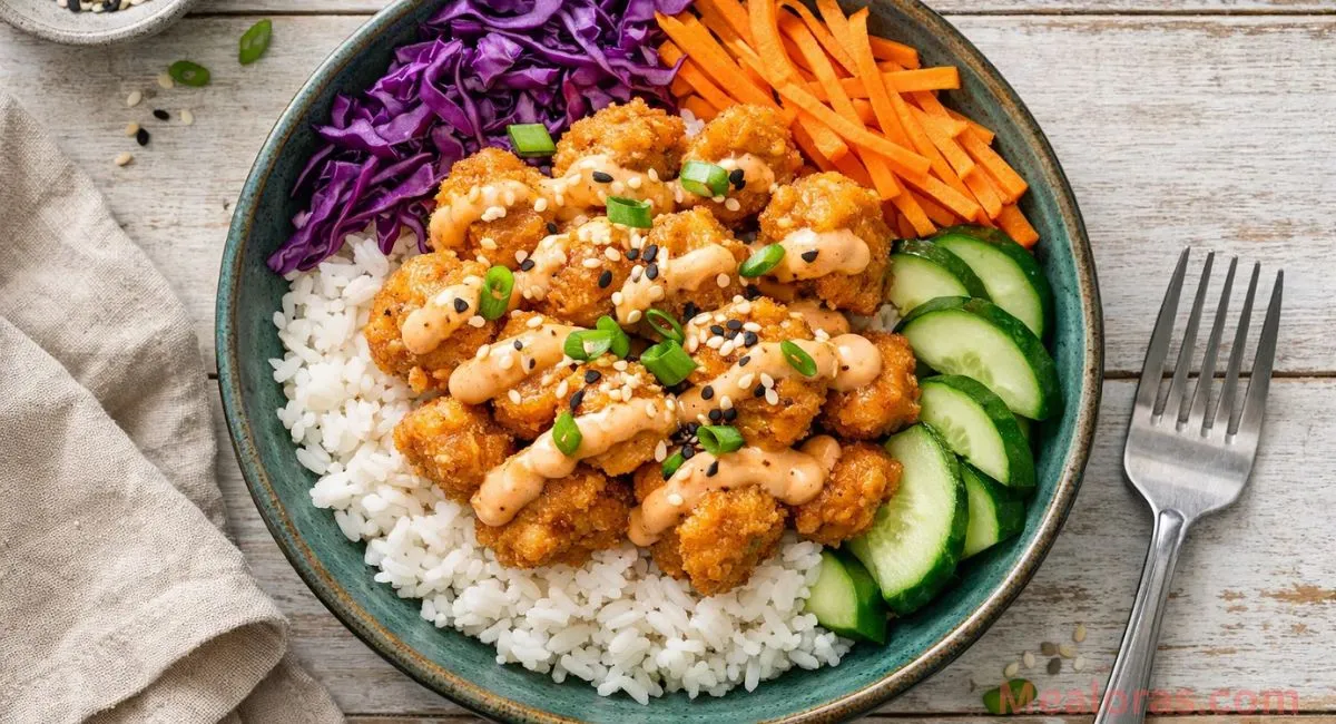 Bang Bang Chicken Bowl with crispy glazed chicken, jasmine rice, purple cabbage, and sliced cucumbers topped with sesame seeds