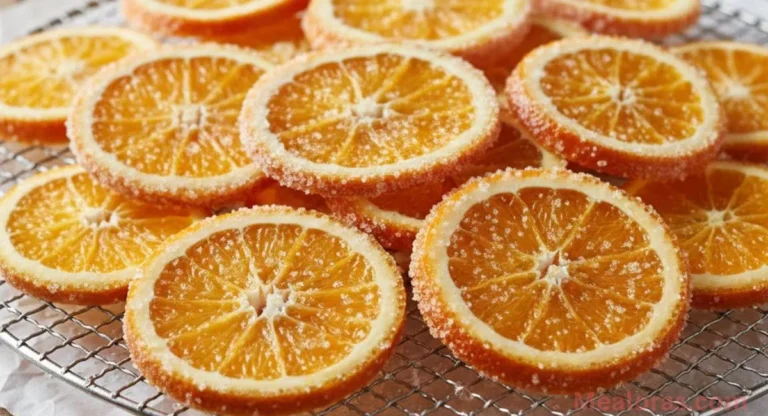 beautiful pile of translucent candied orange slices drying on a wire rack, shimmering with sugar crystals