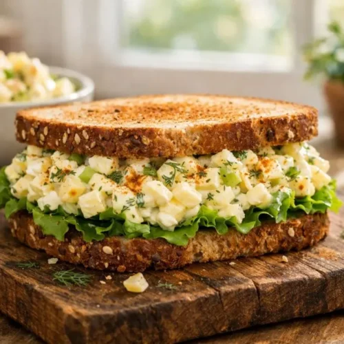 A creamy egg salad sandwich on toasted bread with fresh lettuce and a sprinkle of paprika