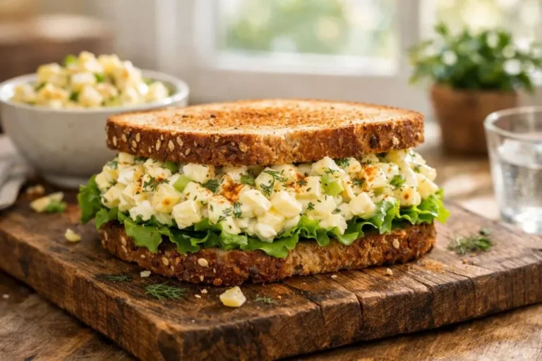 A creamy egg salad sandwich on toasted bread with fresh lettuce and a sprinkle of paprika