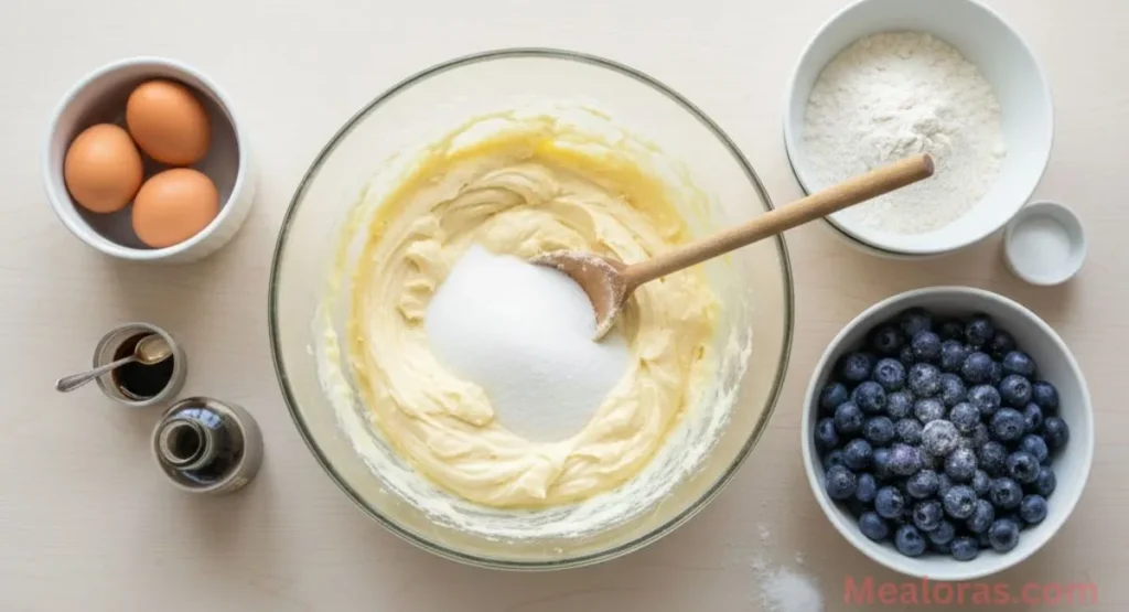 Ingredients for blueberry bread including butter, cream cheese, sugar, and fresh blueberries