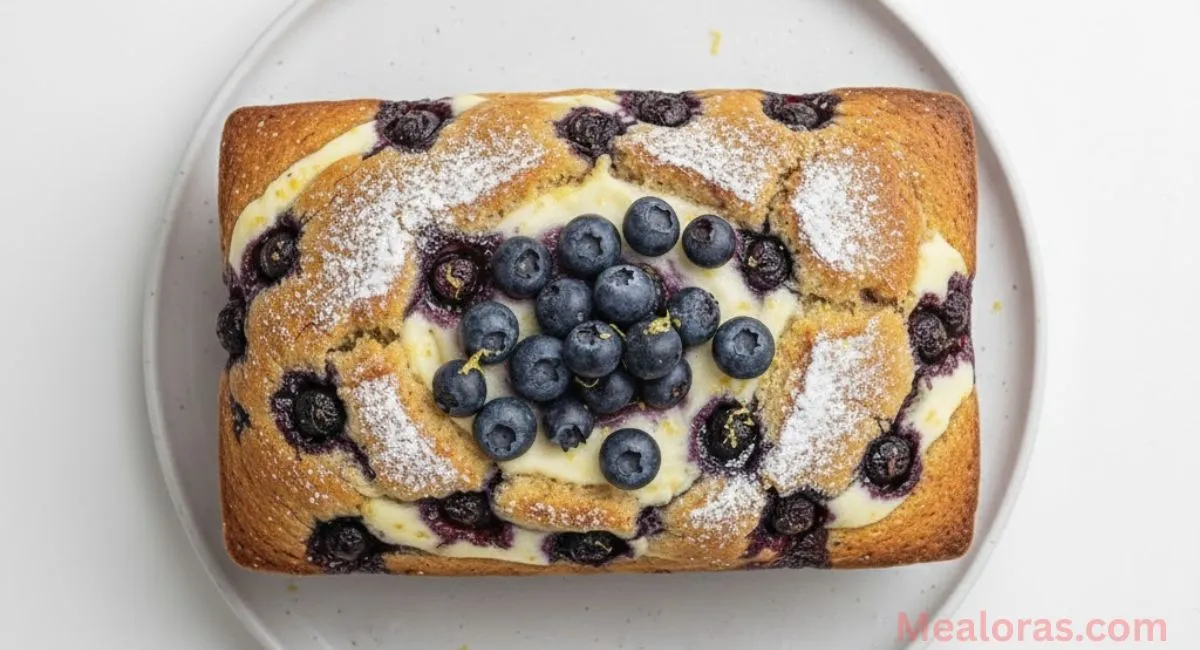 Slices of moist Blueberry Cream Cheese Bread on a wooden board with fresh berries