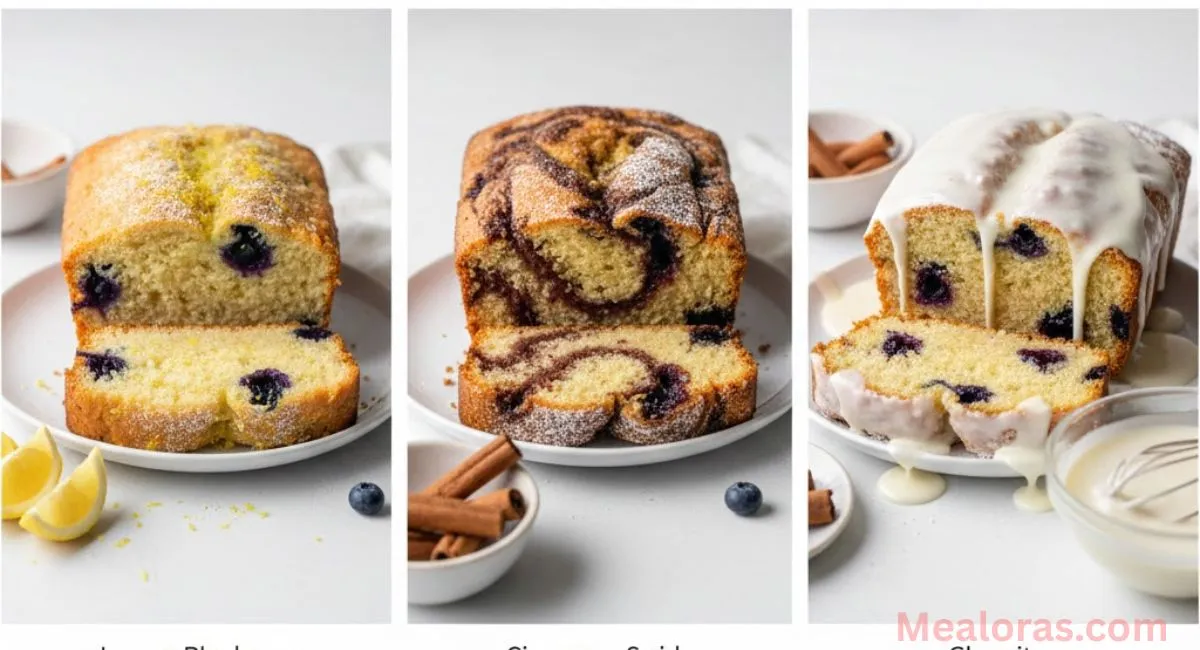 Three different mini loaves of blueberry bread showing variations like lemon zest, cinnamon swirl, and a sugary streusel topping