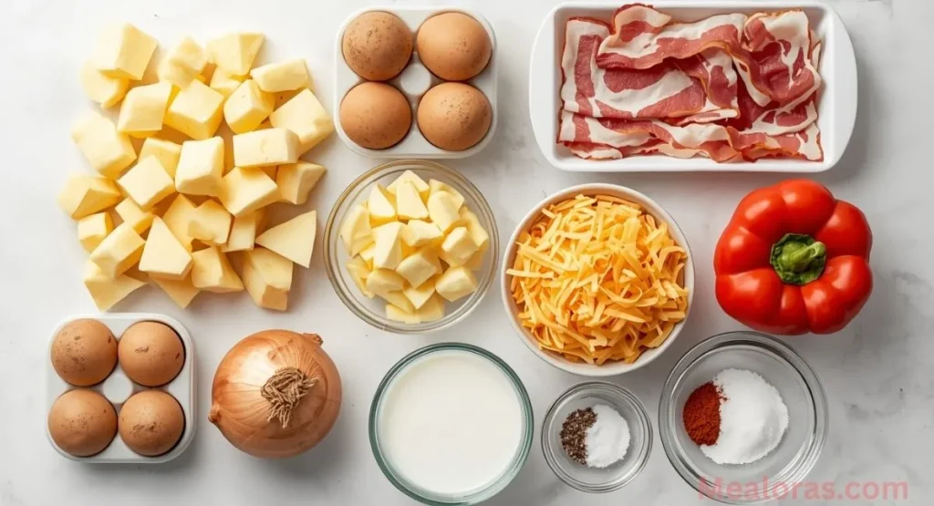 Raw ingredients for breakfast casserole including farm-fresh eggs, thick-cut bacon, cubed russet potatoes, and sliced onions on a wooden board