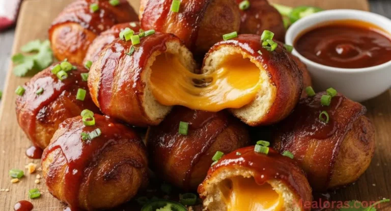 plate of crispy bacon-wrapped ground beef bombs glazed with shiny BBQ sauce and oozing melted cheddar cheese