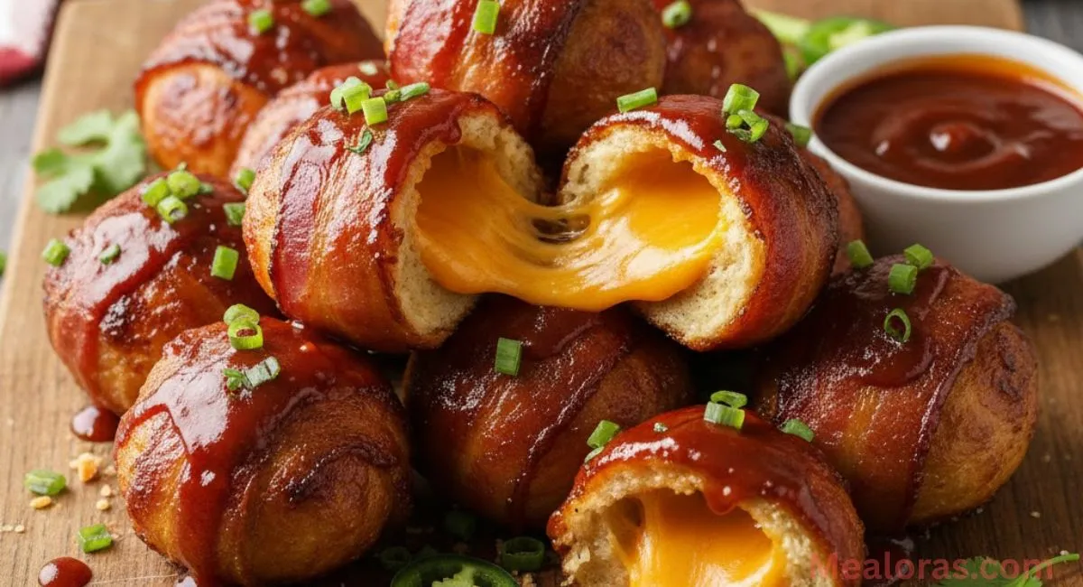 plate of crispy bacon-wrapped ground beef bombs glazed with shiny BBQ sauce and oozing melted cheddar cheese