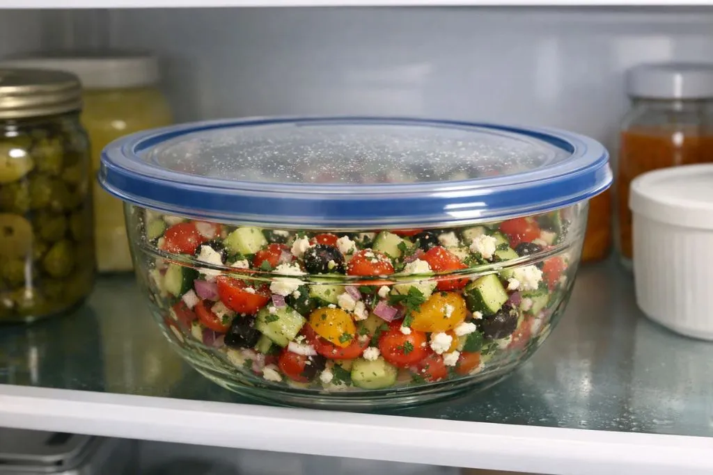 A glass bowl of egg salad covered with plastic wrap sitting on a refrigerator shelf.
