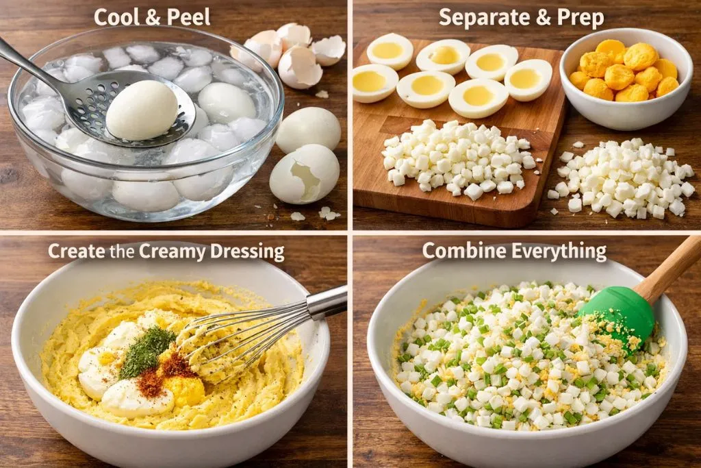 the process of mixing mashed egg yolks with creamy dressing and folding in chopped egg whites and celery in a glass bowl