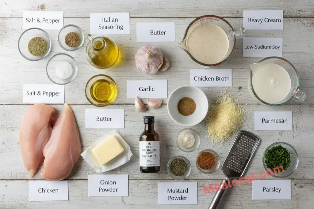 chicken, heavy cream, parmesan, garlic, beef bouillon, and spices on a kitchen counter