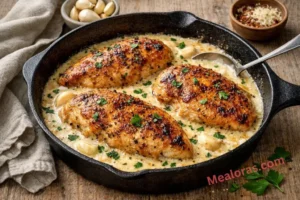 Pan-seared chicken breasts smothered in a rich white garlic cream sauce with fresh parsley