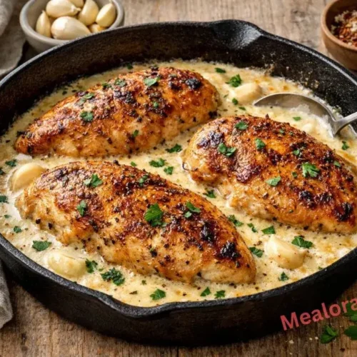 Pan-seared chicken breasts smothered in a rich white garlic cream sauce with fresh parsley